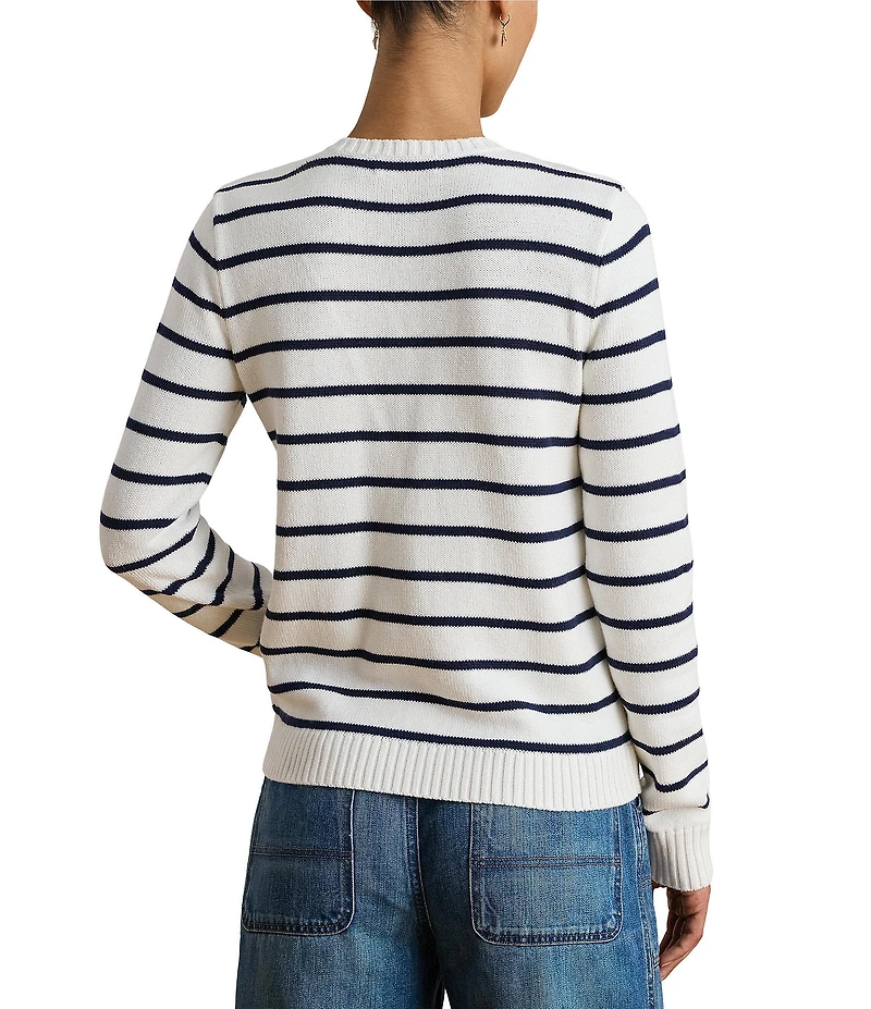 Lauren Ralph Lauren Petite Size Striped Ribbed Crew Neck Long Sleeve Button-Front Cardigan