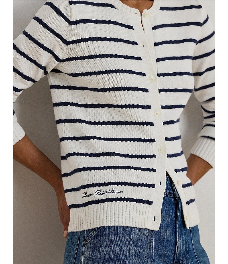 Lauren Ralph Lauren Petite Size Striped Ribbed Crew Neck Long Sleeve Button-Front Cardigan