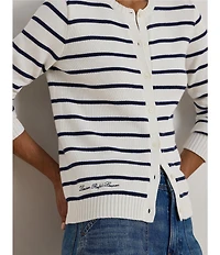 Lauren Ralph Lauren Petite Size Striped Ribbed Crew Neck Long Sleeve Button-Front Cardigan