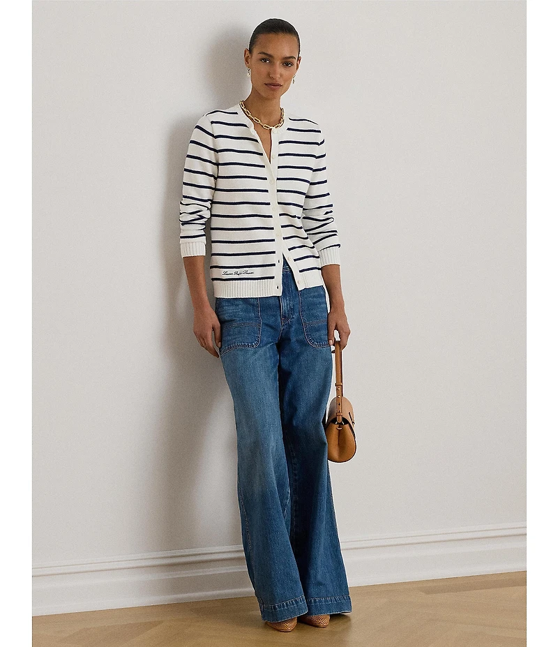 Lauren Ralph Lauren Petite Size Striped Ribbed Crew Neck Long Sleeve Button-Front Cardigan