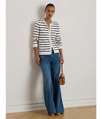 Lauren Ralph Lauren Petite Size Striped Ribbed Crew Neck Long Sleeve Button-Front Cardigan