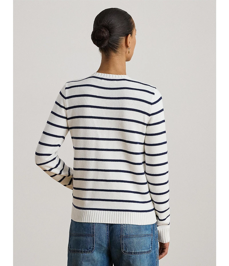 Lauren Ralph Lauren Petite Size Striped Ribbed Crew Neck Long Sleeve Button-Front Cardigan