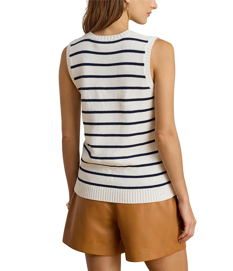 Lauren Ralph Lauren Petite Size Stripe Ribbed Crew Neck Sleeveless Sweater Top