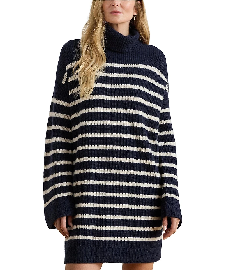 Lauren Ralph Lauren Petite Size Turtleneck Long Sleeve Striped Wool Cashmere Sweater Dress