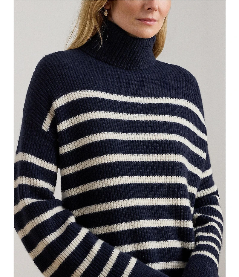 Lauren Ralph Lauren Petite Size Turtleneck Long Sleeve Striped Wool Cashmere Sweater Dress