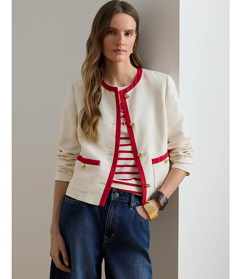 Lauren Ralph Lauren Petite Size Two-Tone Linen Blend Twill Blazer