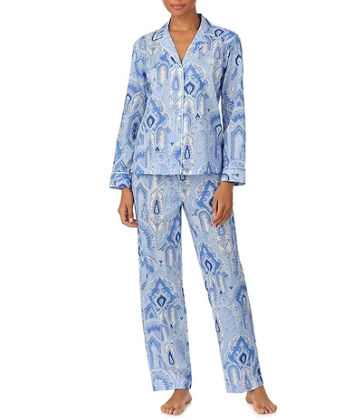 Lauren Ralph Lauren Petite Size Woven Lawn Paisley Print Long Sleeve Notch Collar Long Pajama Set