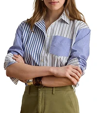 Lauren Ralph Lauren Petite Size Woven Multi Stripe Spread Collar Long Sleeve Shirt