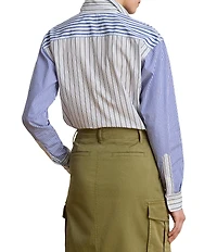 Lauren Ralph Lauren Petite Size Woven Multi Stripe Spread Collar Long Sleeve Shirt