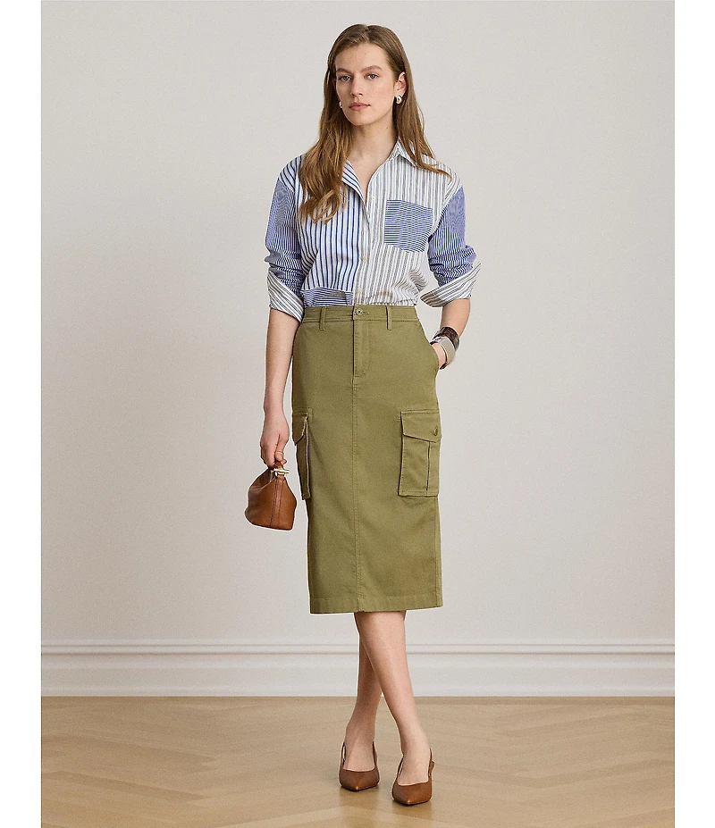 Lauren Ralph Lauren Petite Size Woven Multi Stripe Spread Collar Long Sleeve Shirt