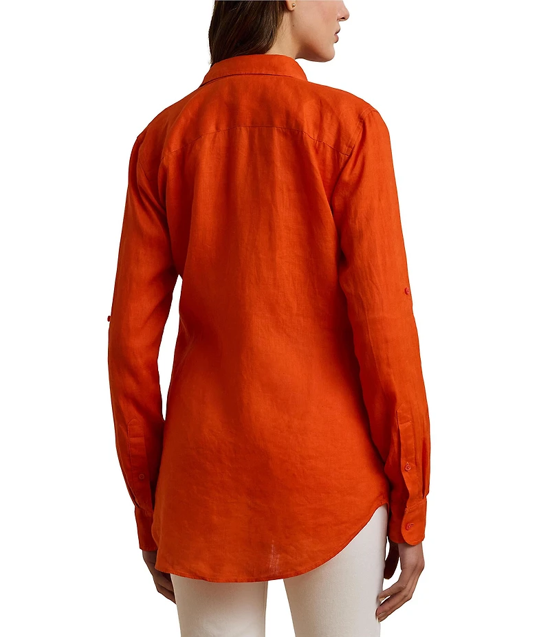Lauren Ralph Lauren Petite Size Woven Point Collar Long Roll-Tab Sleeve Button Front Shirt