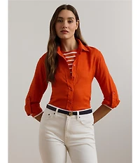 Lauren Ralph Lauren Petite Size Woven Point Collar Long Roll-Tab Sleeve Button Front Shirt