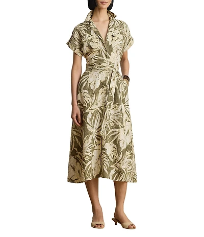 Lauren Ralph Lauren Petite Size Woven Print Camp Notch Collar Short Sleeve A-Line Dress