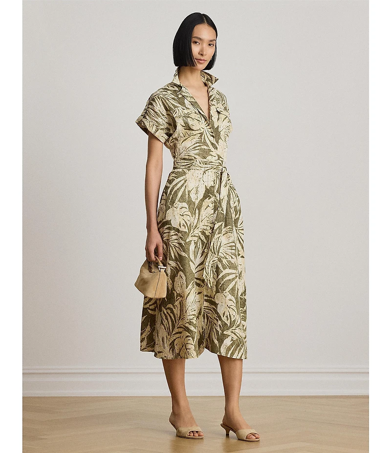 Lauren Ralph Lauren Petite Size Woven Print Camp Notch Collar Short Sleeve A-Line Dress