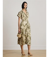 Lauren Ralph Lauren Petite Size Woven Print Camp Notch Collar Short Sleeve A-Line Dress