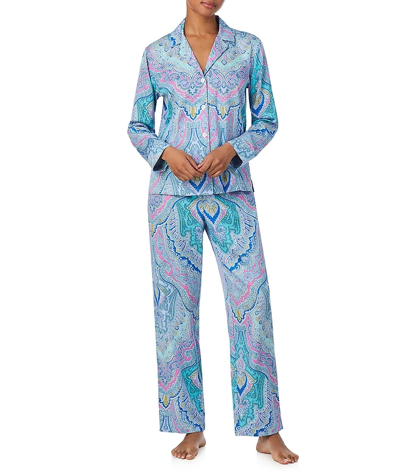 Lauren Ralph Lauren Petite Size Woven Sateen Paisley Print Long Sleeve Notch Collar Long Pajama Set