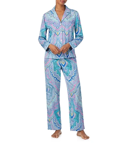 Lauren Ralph Lauren Petite Size Woven Sateen Paisley Print Long Sleeve Notch Collar Long Pajama Set