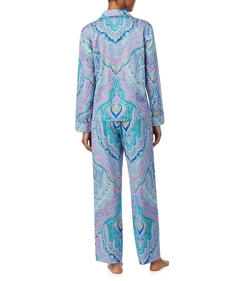 Lauren Ralph Lauren Petite Size Woven Sateen Paisley Print Long Sleeve Notch Collar Long Pajama Set