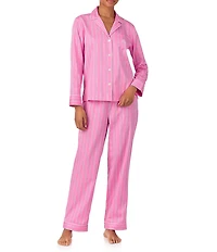Lauren Ralph Lauren Petite Size Woven Sateen Striped Print Long Sleeve Notch Collar Long Pajama Set