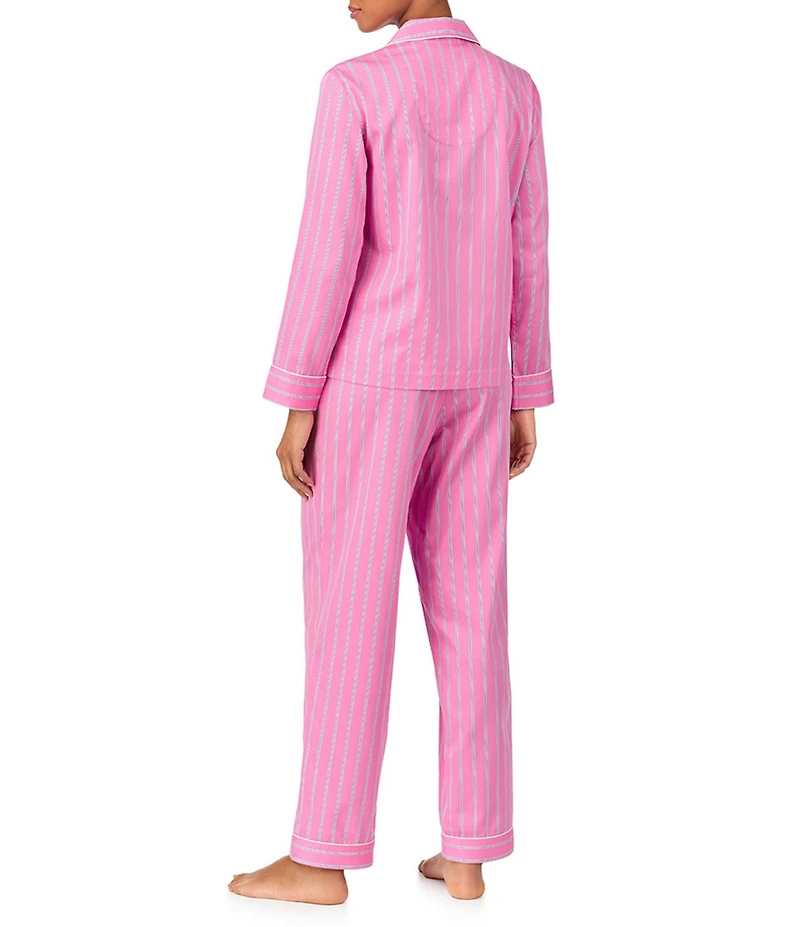 Lauren Ralph Lauren Petite Size Woven Sateen Striped Print Long Sleeve Notch Collar Long Pajama Set