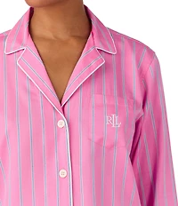 Lauren Ralph Lauren Petite Size Woven Sateen Striped Print Long Sleeve Notch Collar Long Pajama Set