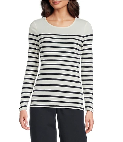Lauren Ralph Lauren Petite Size Yarn-Dyed Ribbed Knit Stripe Crew Neck Long Sleeve Tee