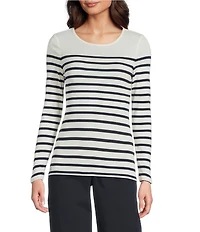 Lauren Ralph Lauren Petite Size Yarn-Dyed Ribbed Knit Stripe Crew Neck Long Sleeve Tee
