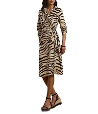 Lauren Ralph Lauren Petite Size Zebra Crepe De Chine Point Collar Tie Front Faux Wrap Dress