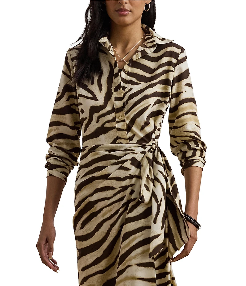 Lauren Ralph Lauren Petite Size Zebra Crepe De Chine Point Collar Tie Front Faux Wrap Dress