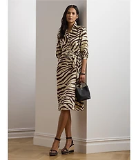 Lauren Ralph Lauren Petite Size Zebra Crepe De Chine Point Collar Tie Front Faux Wrap Dress