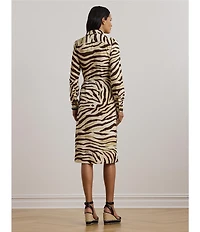 Lauren Ralph Lauren Petite Size Zebra Crepe De Chine Point Collar Tie Front Faux Wrap Dress