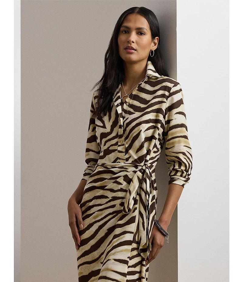 Lauren Ralph Lauren Petite Size Zebra Crepe De Chine Point Collar Tie Front Faux Wrap Dress