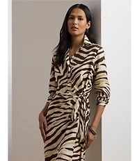 Lauren Ralph Lauren Petite Size Zebra Crepe De Chine Point Collar Tie Front Faux Wrap Dress
