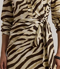 Lauren Ralph Lauren Petite Size Zebra Crepe De Chine Point Collar Tie Front Faux Wrap Dress