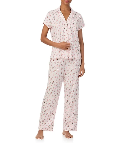 Lauren Ralph Lauren Pink Bouquet Short Sleeve Notch Collar Knit Pajama Set