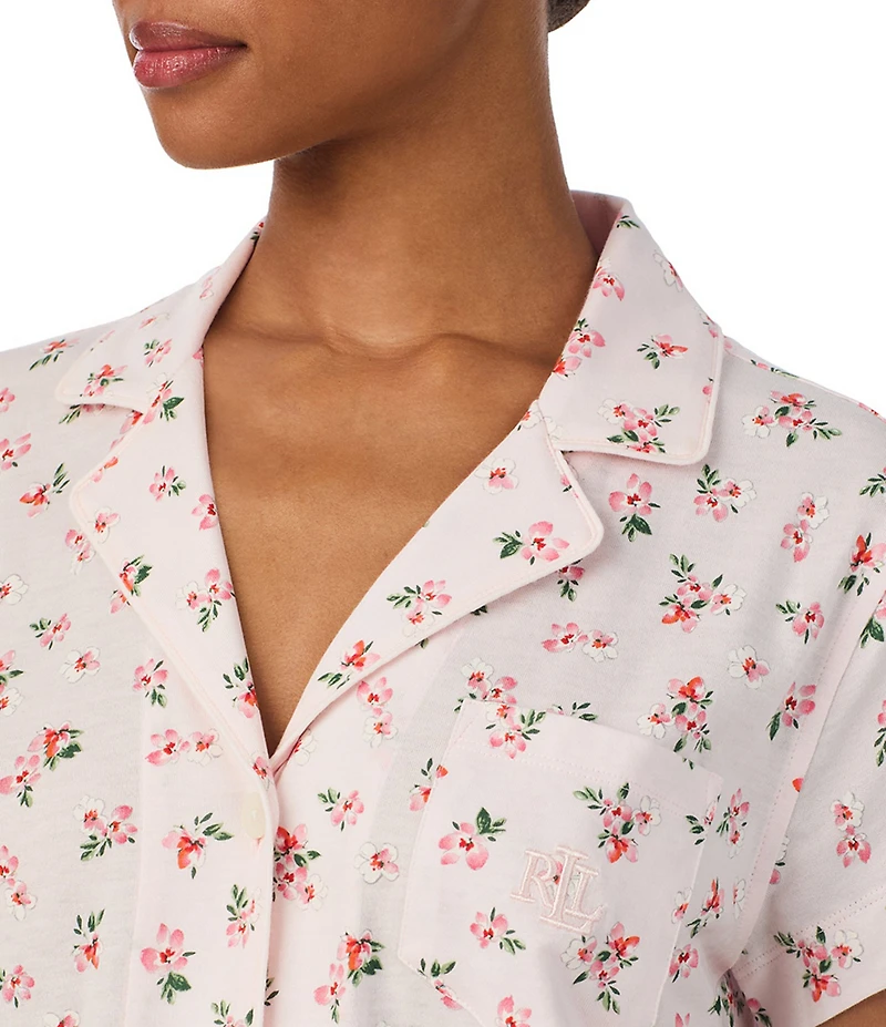Lauren Ralph Lauren Pink Bouquet Short Sleeve Notch Collar Knit Pajama Set