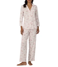 Lauren Ralph Lauren Pink Floral Print 3/4 Sleeve Notch Collar Pant Pajama Set