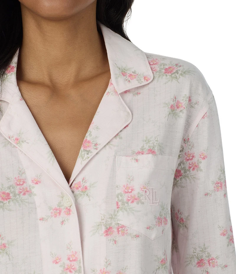 Lauren Ralph Lauren Pink Floral Print 3/4 Sleeve Notch Collar Pant Pajama Set