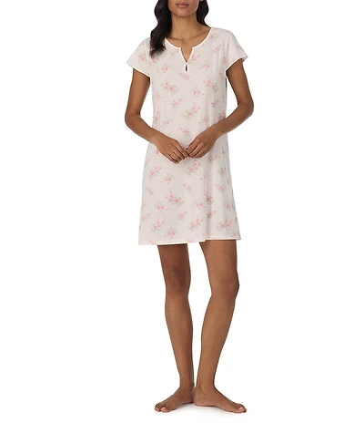 Lauren Ralph Lauren Pink Floral Print Short Flutter Sleeve Split V-Neck Textured Knit Nightgown