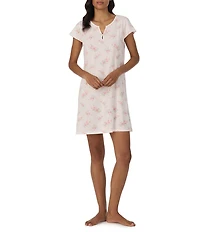 Lauren Ralph Lauren Pink Floral Print Short Flutter Sleeve Split V-Neck Textured Knit Nightgown