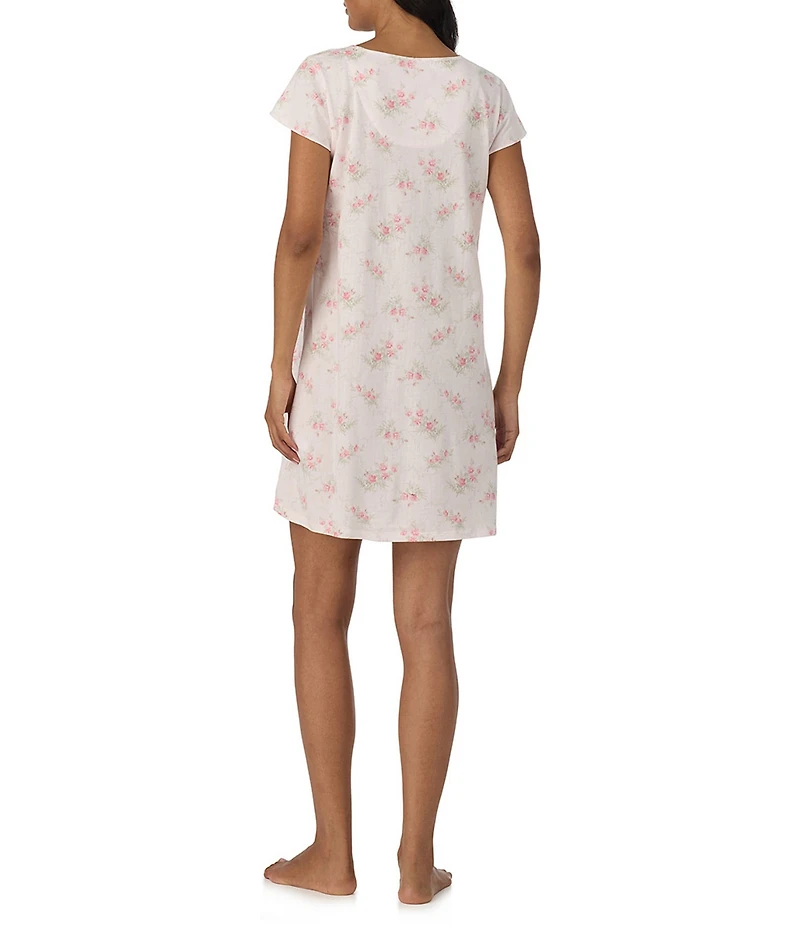 Lauren Ralph Lauren Pink Floral Print Short Flutter Sleeve Split V-Neck Textured Knit Nightgown