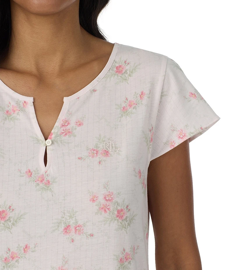 Lauren Ralph Lauren Pink Floral Print Short Flutter Sleeve Split V-Neck Textured Knit Nightgown