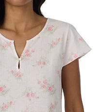 Lauren Ralph Lauren Pink Floral Print Short Flutter Sleeve Split V-Neck Textured Knit Nightgown