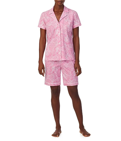 Lauren Ralph Lauren Pink Paisley Print Short Sleeve Notch Collar Cotton Knit Bermuda Pajama Set