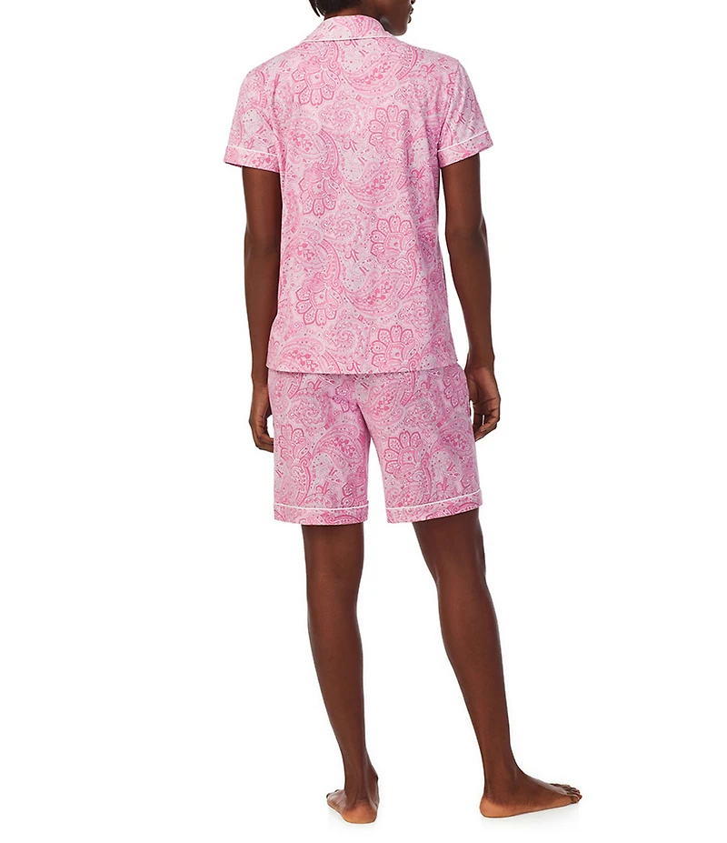 Lauren Ralph Lauren Pink Paisley Print Short Sleeve Notch Collar Cotton Knit Bermuda Pajama Set