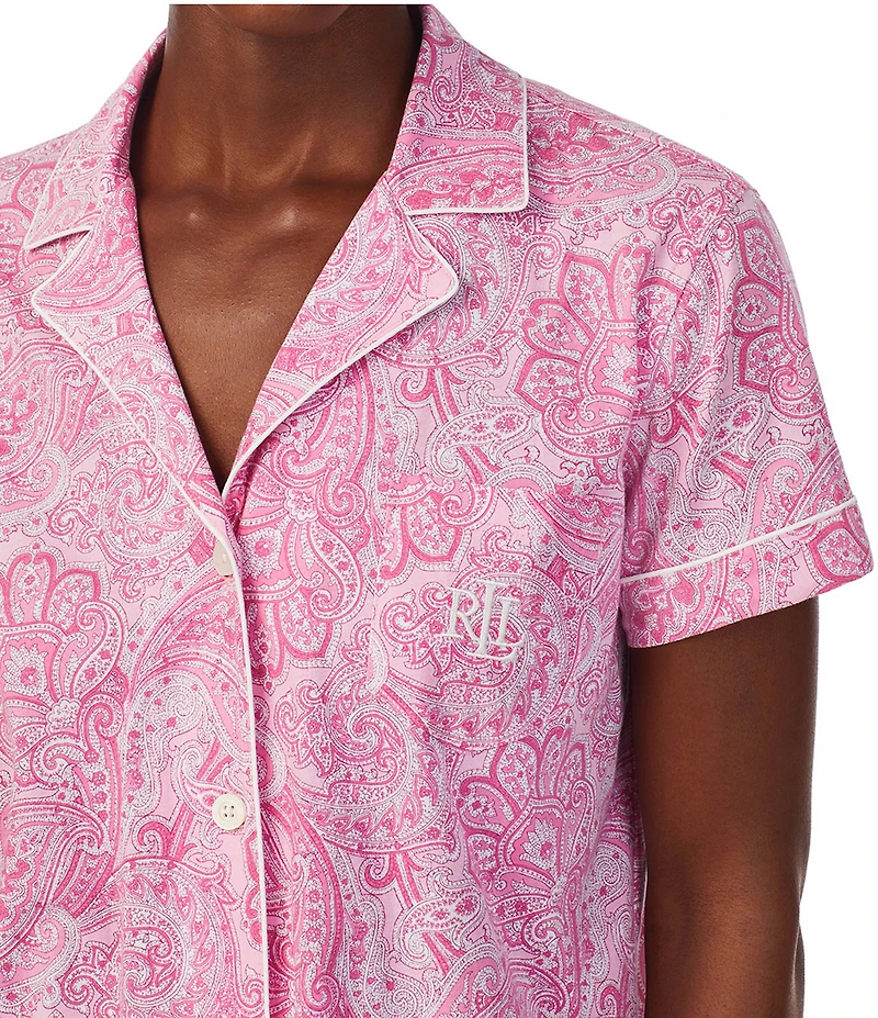 Lauren Ralph Lauren Pink Paisley Print Short Sleeve Notch Collar Cotton Knit Bermuda Pajama Set