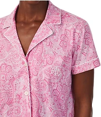 Lauren Ralph Lauren Pink Paisley Print Short Sleeve Notch Collar Cotton Knit Bermuda Pajama Set