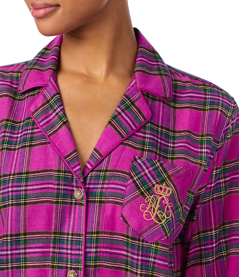 Lauren Ralph Lauren Plaid Long Sleeve Notch Collar Brushed Twill Holiday Shorty Pajama Set