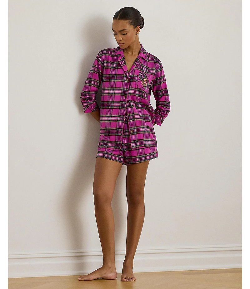 Lauren Ralph Lauren Plaid Long Sleeve Notch Collar Brushed Twill Holiday Shorty Pajama Set