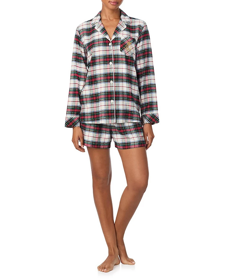 Lauren Ralph Lauren Plaid Long Sleeve Notch Collar Brushed Twill Holiday Shorty Pajama Set